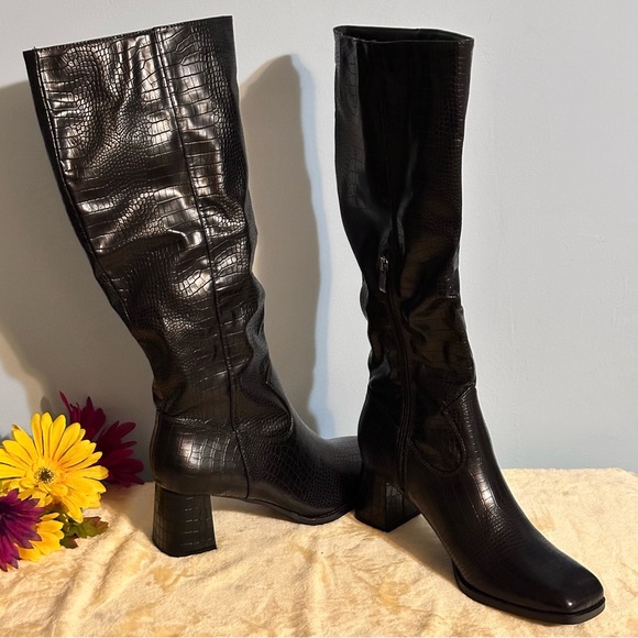 New Suedi Womens Knee High Black Croc Embossed Chunky Heel Squared Toe Boots Sz9 - Picture 8 of 16